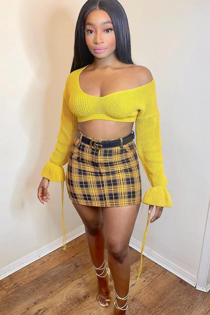 Mustard Check High Waist Mini Skirt - Lyra
