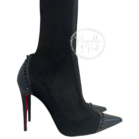 NEW Christian Louboutin Souricette 100 black studded knee high sock boots 38