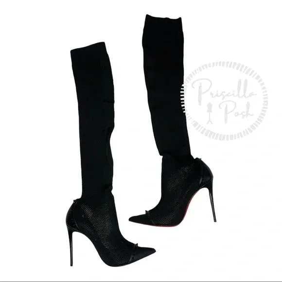 NEW Christian Louboutin Souricette 100 black studded knee high sock boots 38