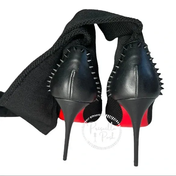 NEW Christian Louboutin Souricette 100 black studded knee high sock boots 38