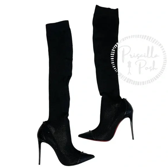 NEW Christian Louboutin Souricette 100 black studded knee high sock boots 38