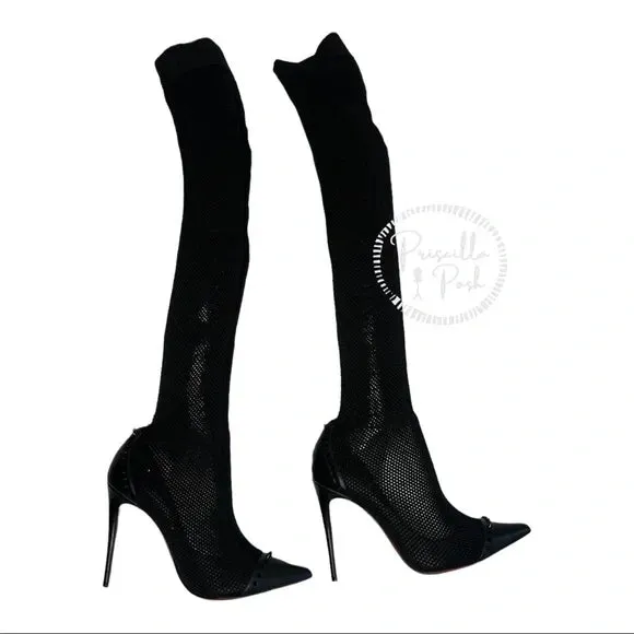 NEW Christian Louboutin Souricette 100 black studded knee high sock boots 38