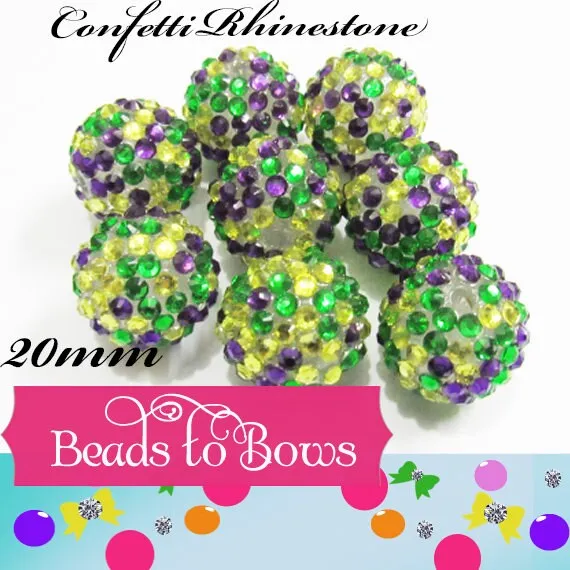 New Chunky Confetti Purple, Yellow, Green 20mm Rhinestone Beads,  Bubblegum  Beads, Chunky Rhinestone beads, Mardi Gras Chunky Bead Supply