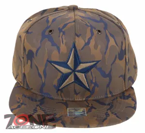 NEW! STAR FLAT BILL SNAPBACK BASEBALL CAP HAT CAMOUFLAGE KHAKI BLUE