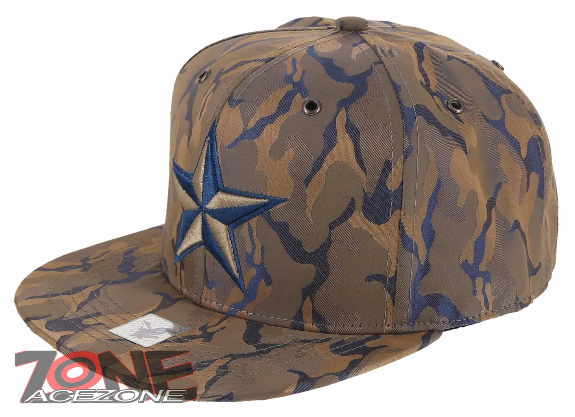 NEW! STAR FLAT BILL SNAPBACK BASEBALL CAP HAT CAMOUFLAGE KHAKI BLUE