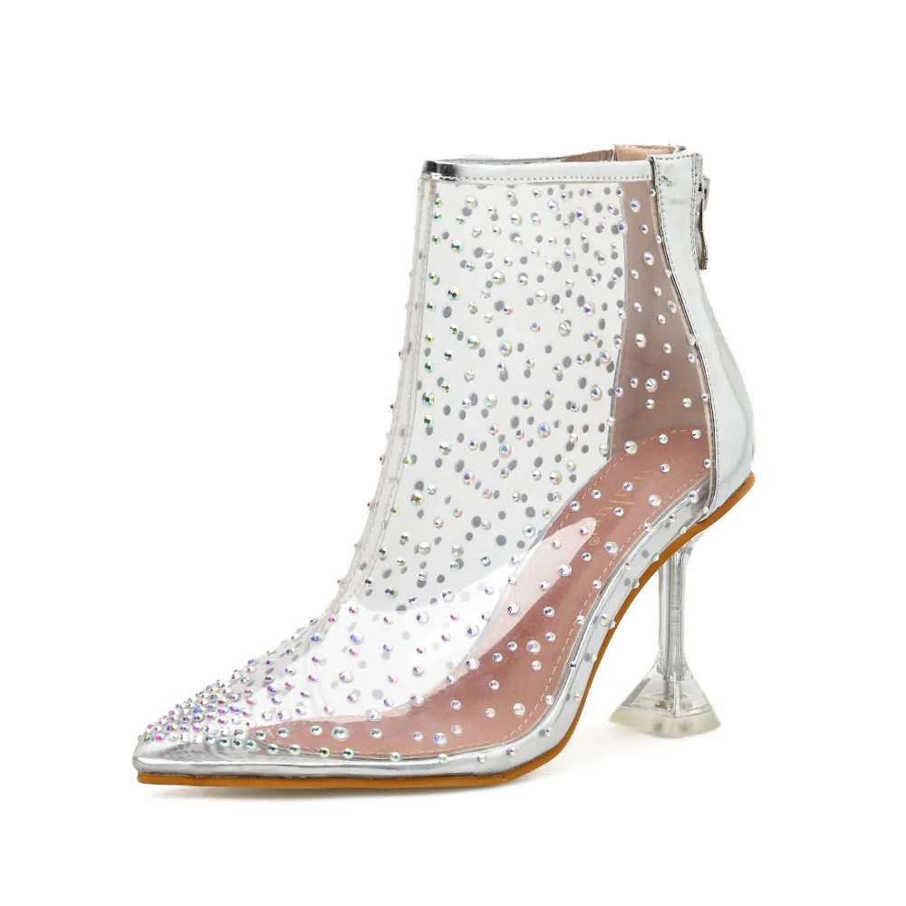 New Transparent Colorful Rhinestone Fashion High Heel Ankle Boots