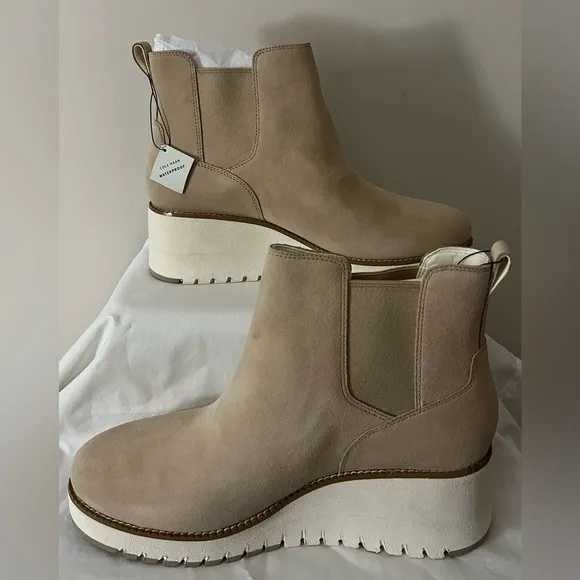 NWT Cole Haan Women’s ZerøGrand City Wedge WP Suede Chelsea Boots; Size 10.5B