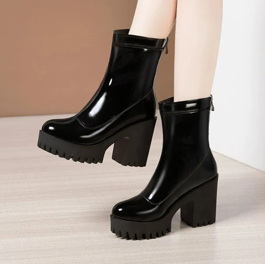 Petite Chunky Heel Back Zipper Patent Boots AP156