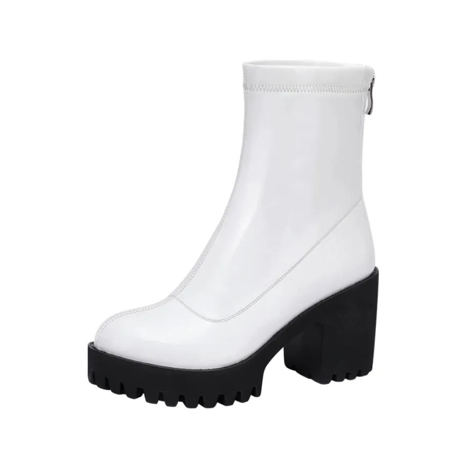 Petite Chunky Heel Back Zipper Patent Boots AP156