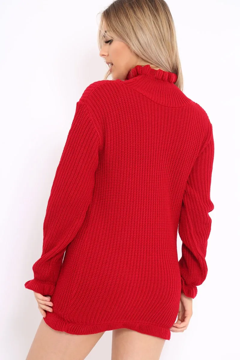 Red Knitted Ruffle Jumper Dress with Elasticated hems - Velma