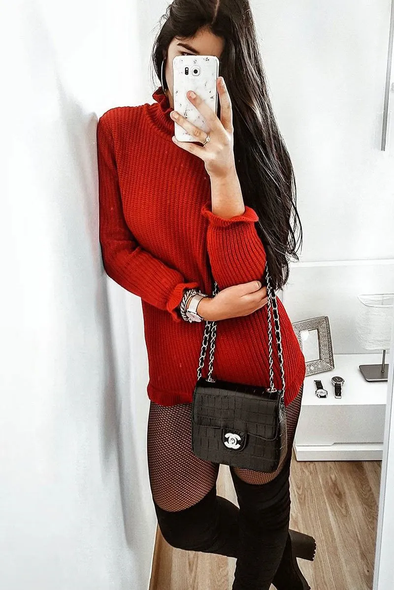 Red Knitted Ruffle Jumper Dress with Elasticated hems - Velma