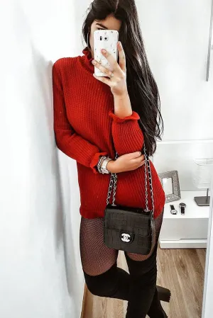 Red Knitted Ruffle Jumper Dress with Elasticated hems - Velma