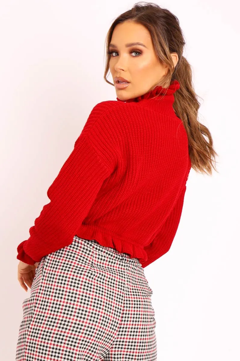 Red Ruffle Hem Chunky Knit Crop Jumper - Alannah