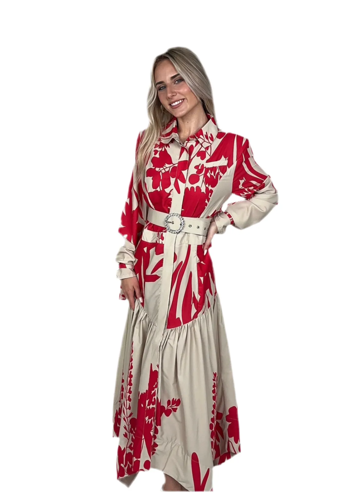 Red Uneven Belted Maxi Dress