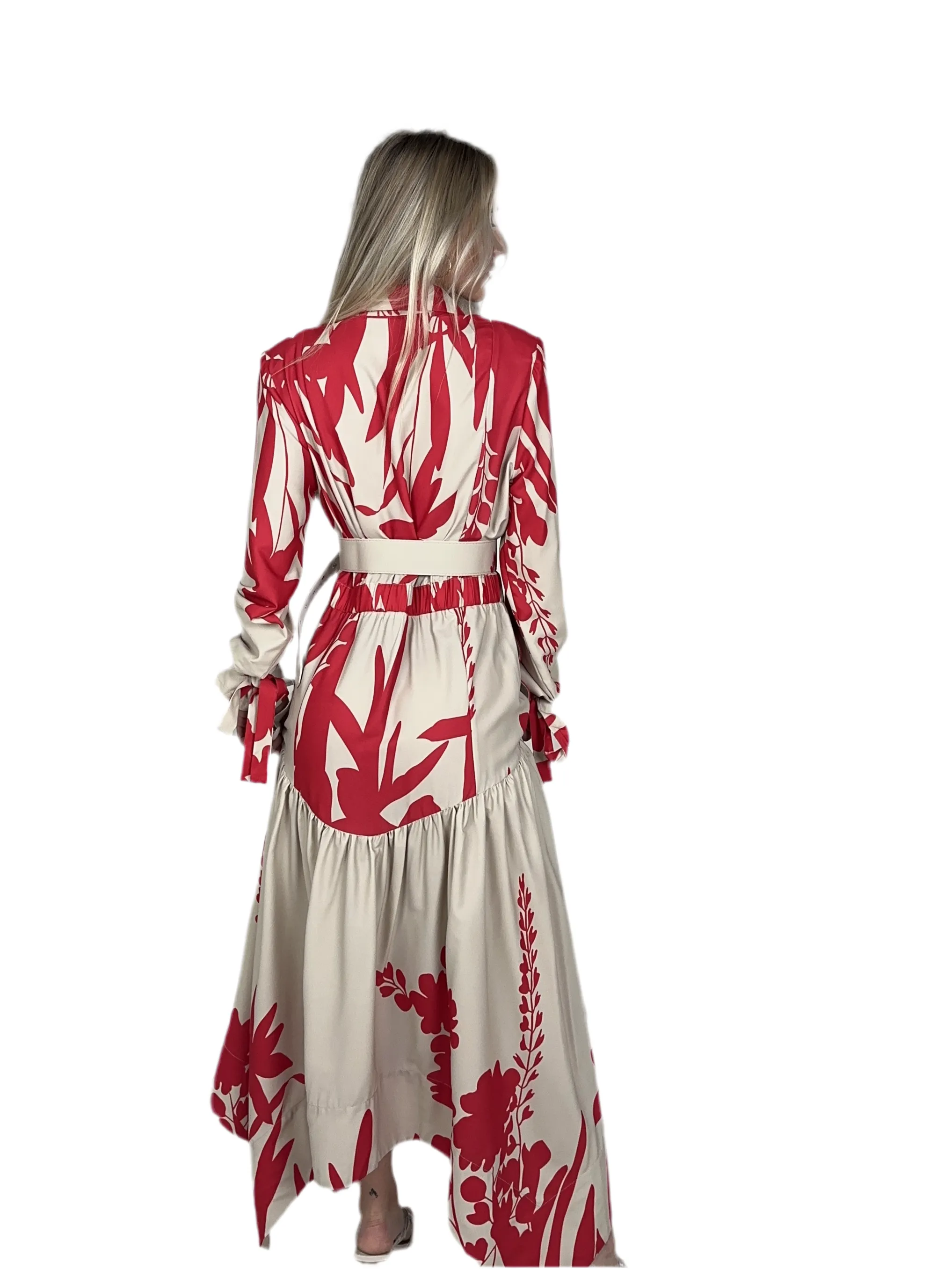 Red Uneven Belted Maxi Dress
