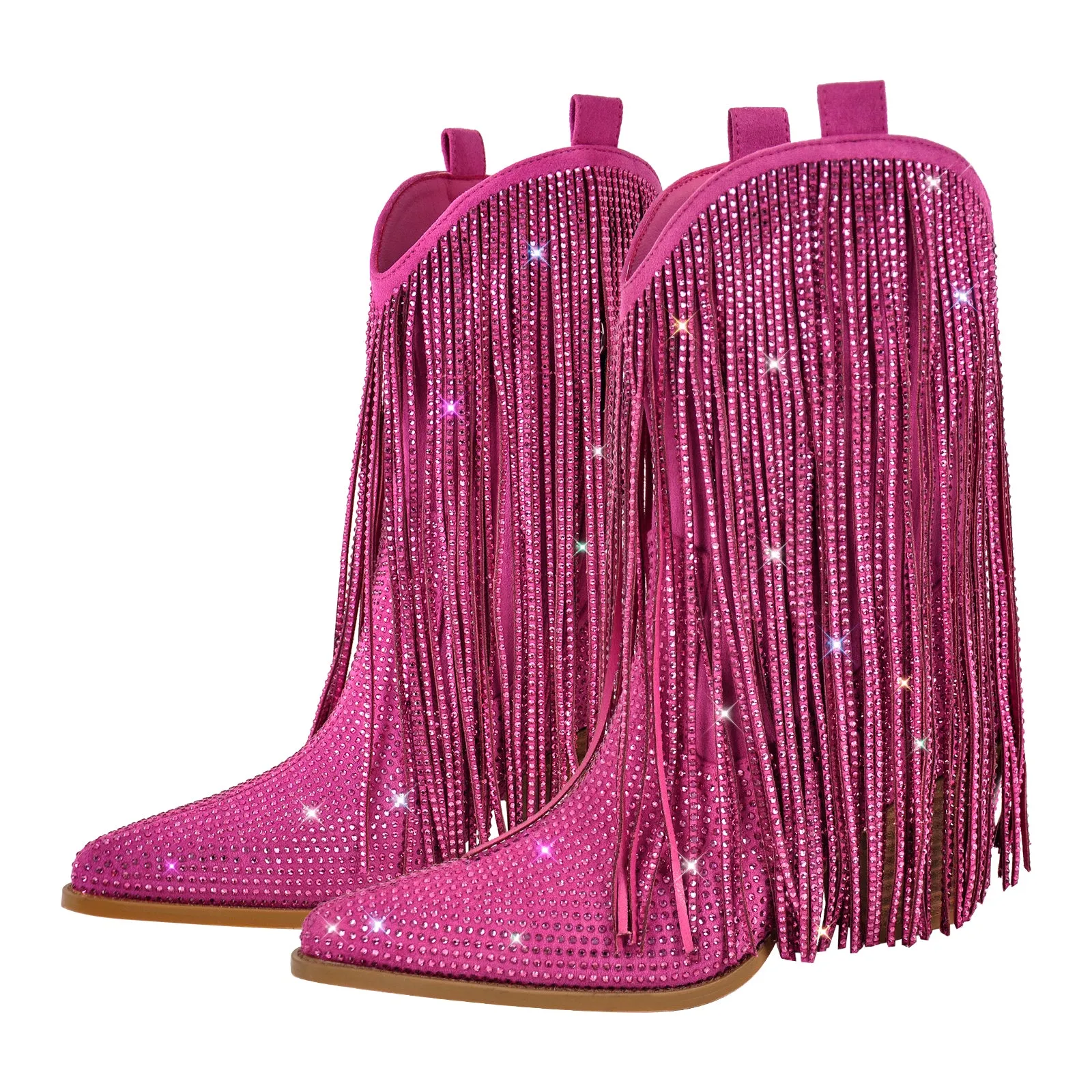 Rhinestone Pointed Toe Fringe Mid-Calf Western Boots