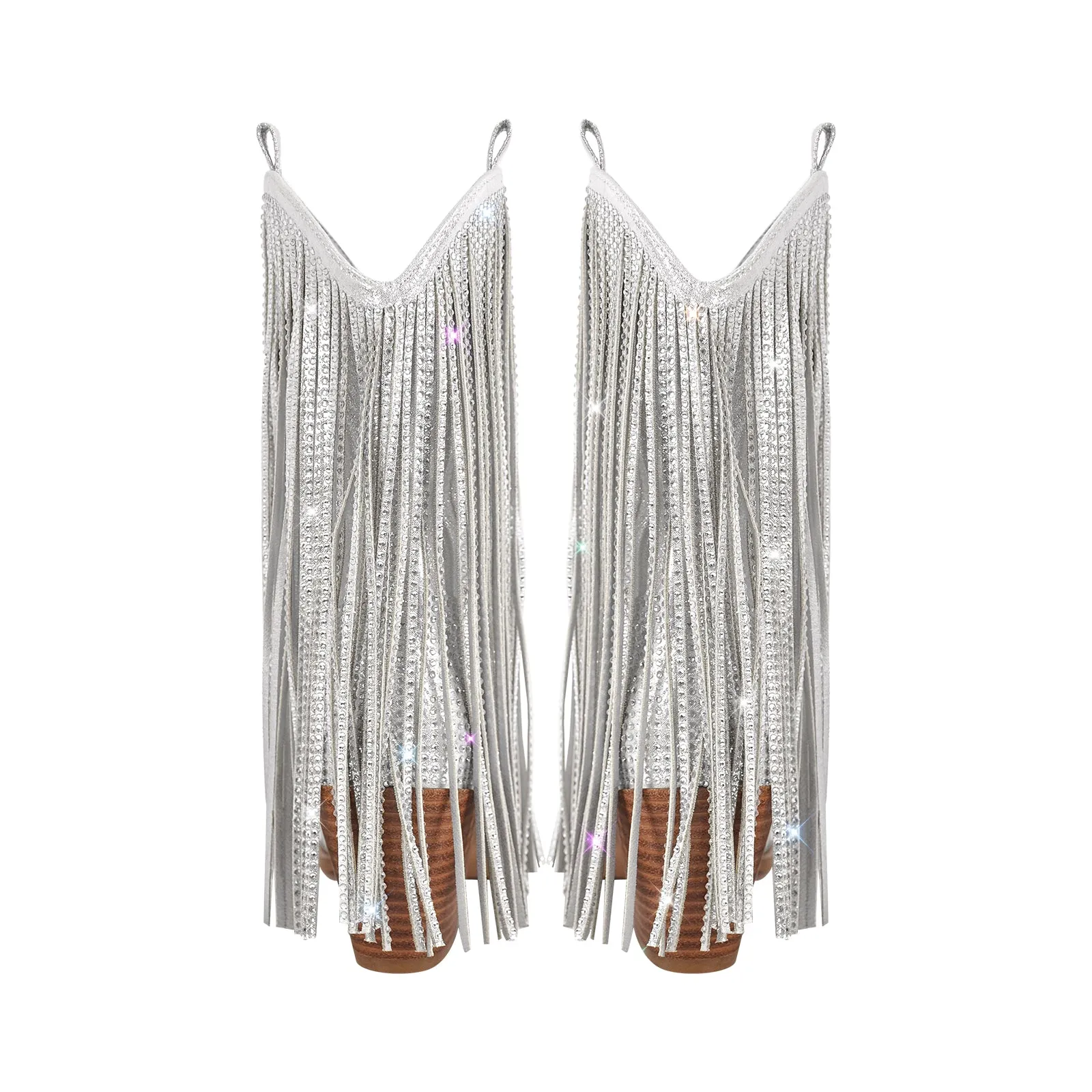 Rhinestone Pointed Toe Fringe Mid-Calf Western Boots
