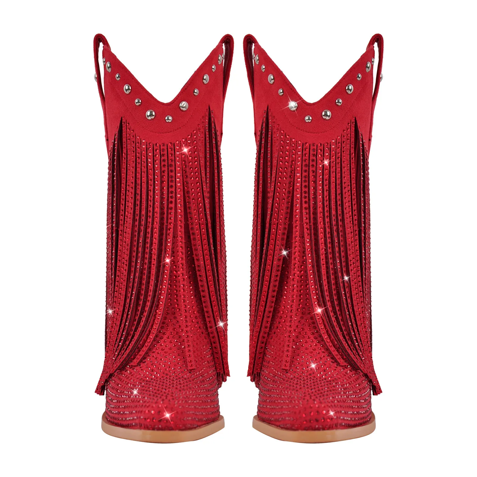 Rhinestone Pointed Toe Fringe Mid-Calf Western Boots