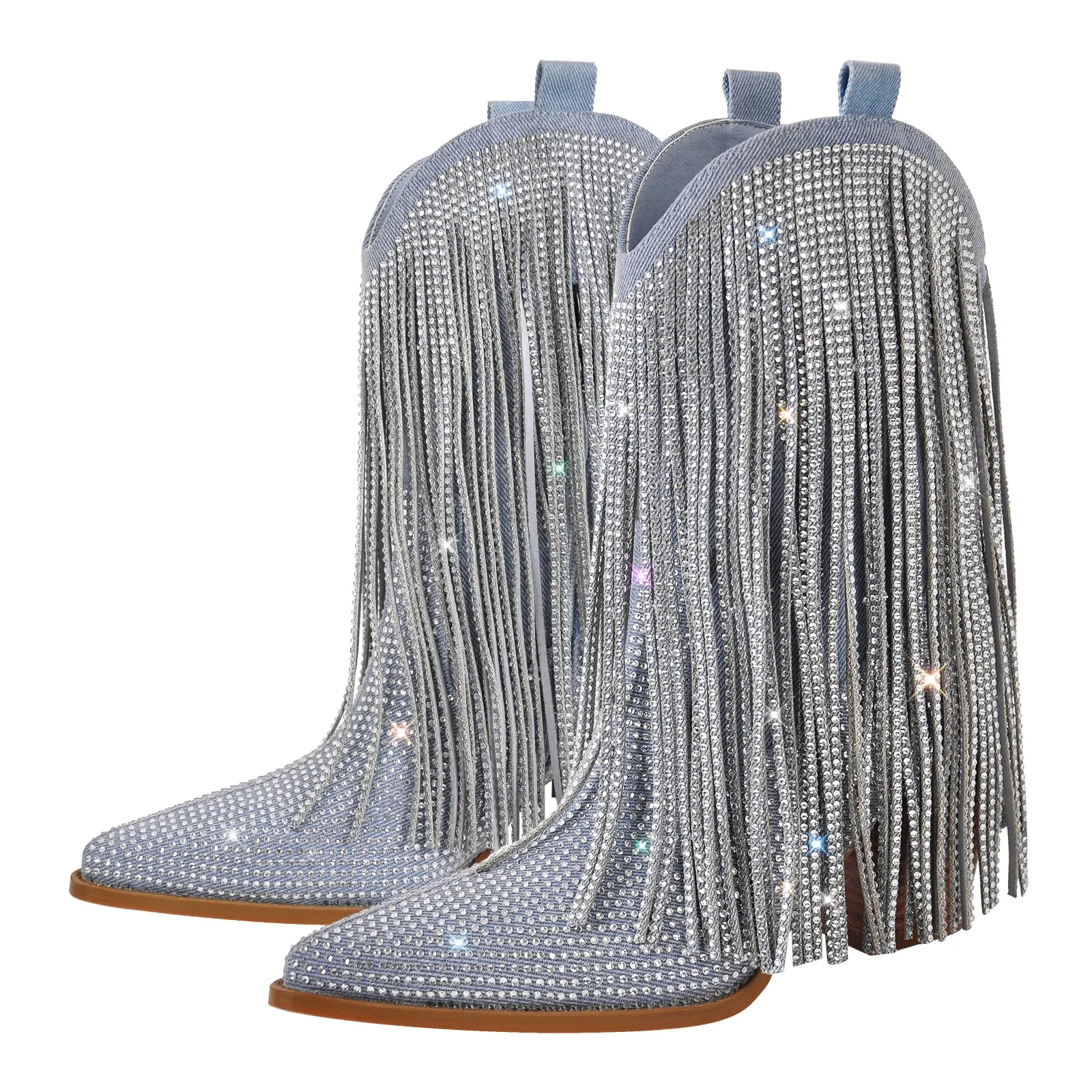 Rhinestone Pointed Toe Fringe Mid-Calf Western Boots