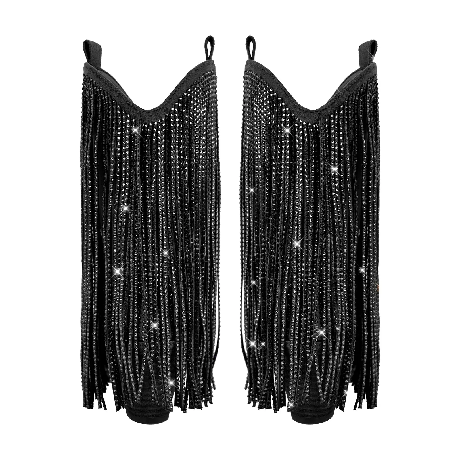 Rhinestone Pointed Toe Fringe Mid-Calf Western Boots