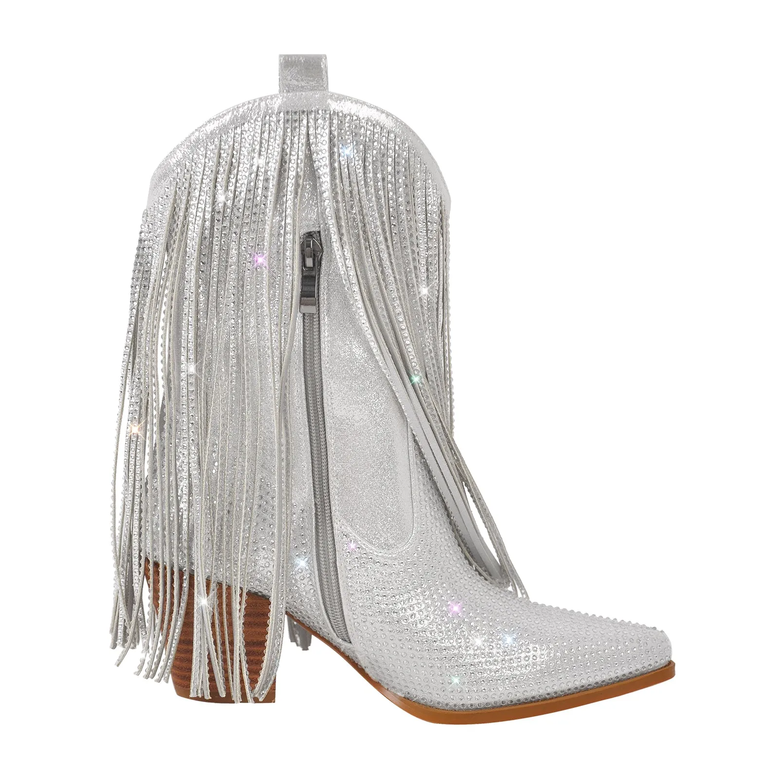 Rhinestone Pointed Toe Fringe Mid-Calf Western Boots