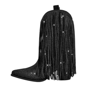 Rhinestone Pointed Toe Fringe Mid-Calf Western Boots