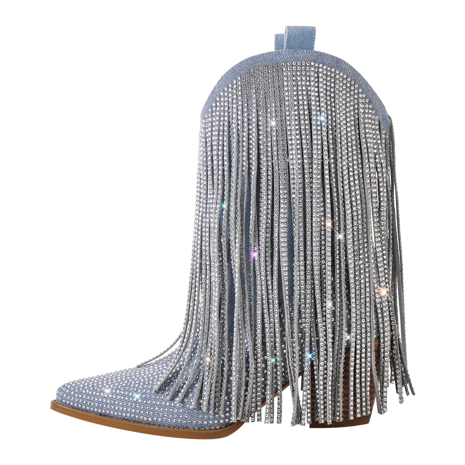 Rhinestone Pointed Toe Fringe Mid-Calf Western Boots