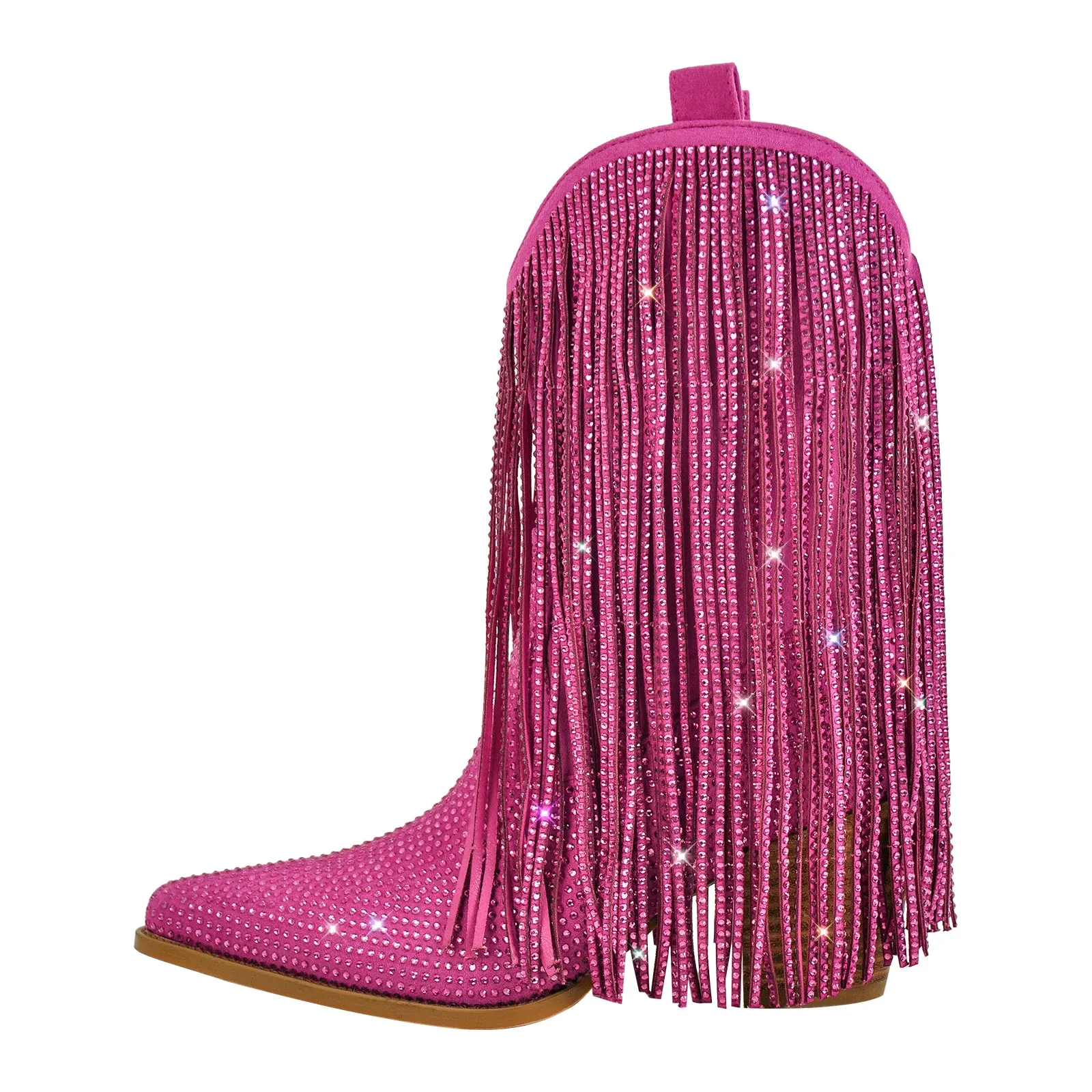 Rhinestone Pointed Toe Fringe Mid-Calf Western Boots