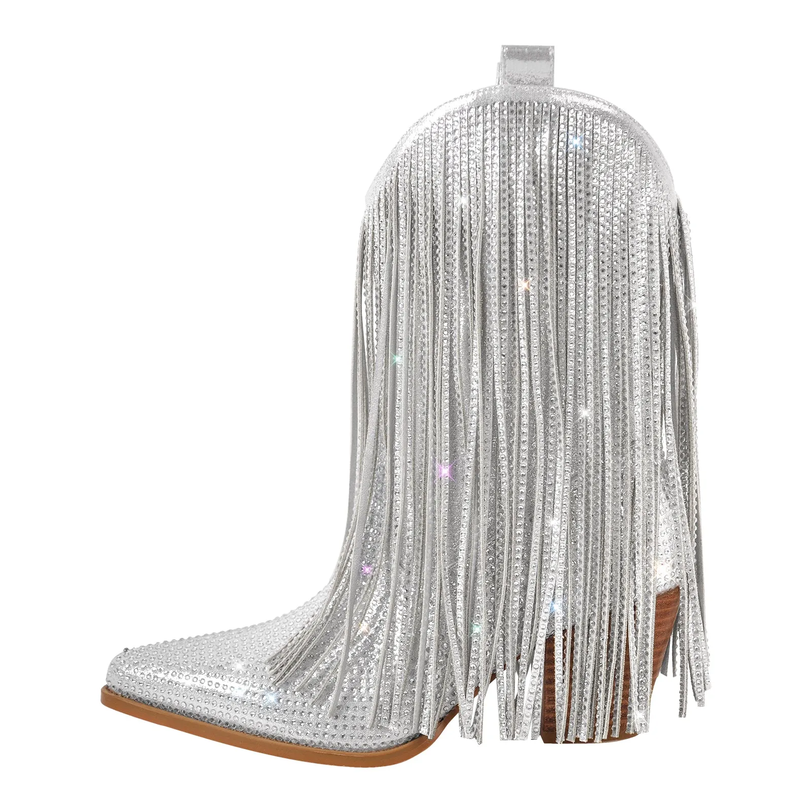 Rhinestone Pointed Toe Fringe Mid-Calf Western Boots