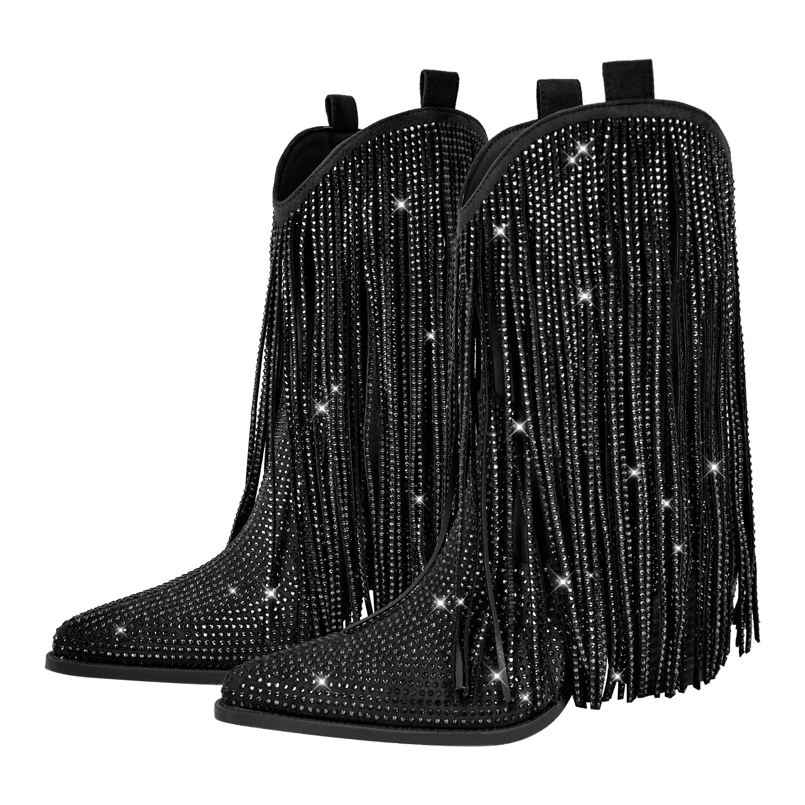 Rhinestone Pointed Toe Fringe Mid-Calf Western Boots