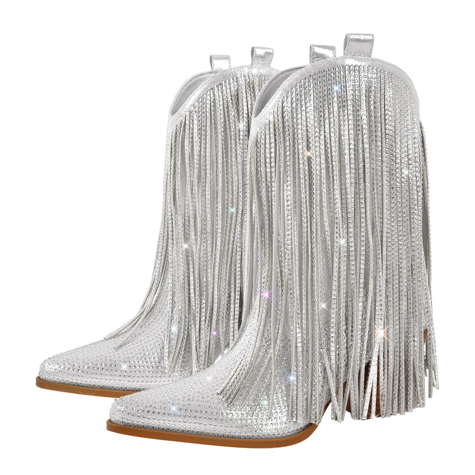 Rhinestone Pointed Toe Fringe Mid-Calf Western Boots