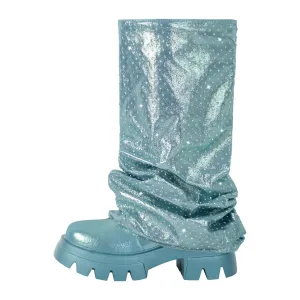 Rhinestone Round Toe Pleated Fold Over Mid-Calf Boots