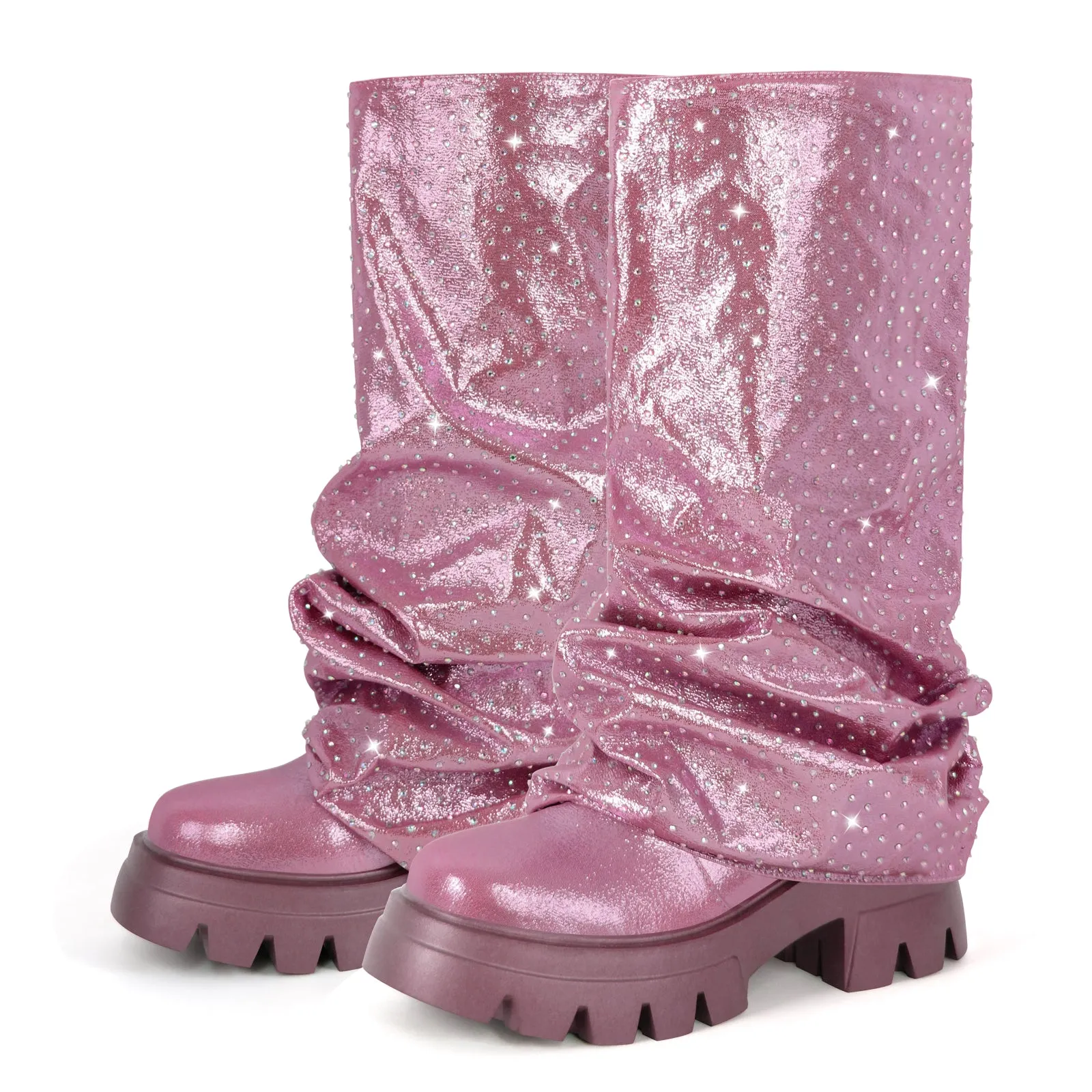 Rhinestone Round Toe Pleated Fold Over Mid-Calf Boots