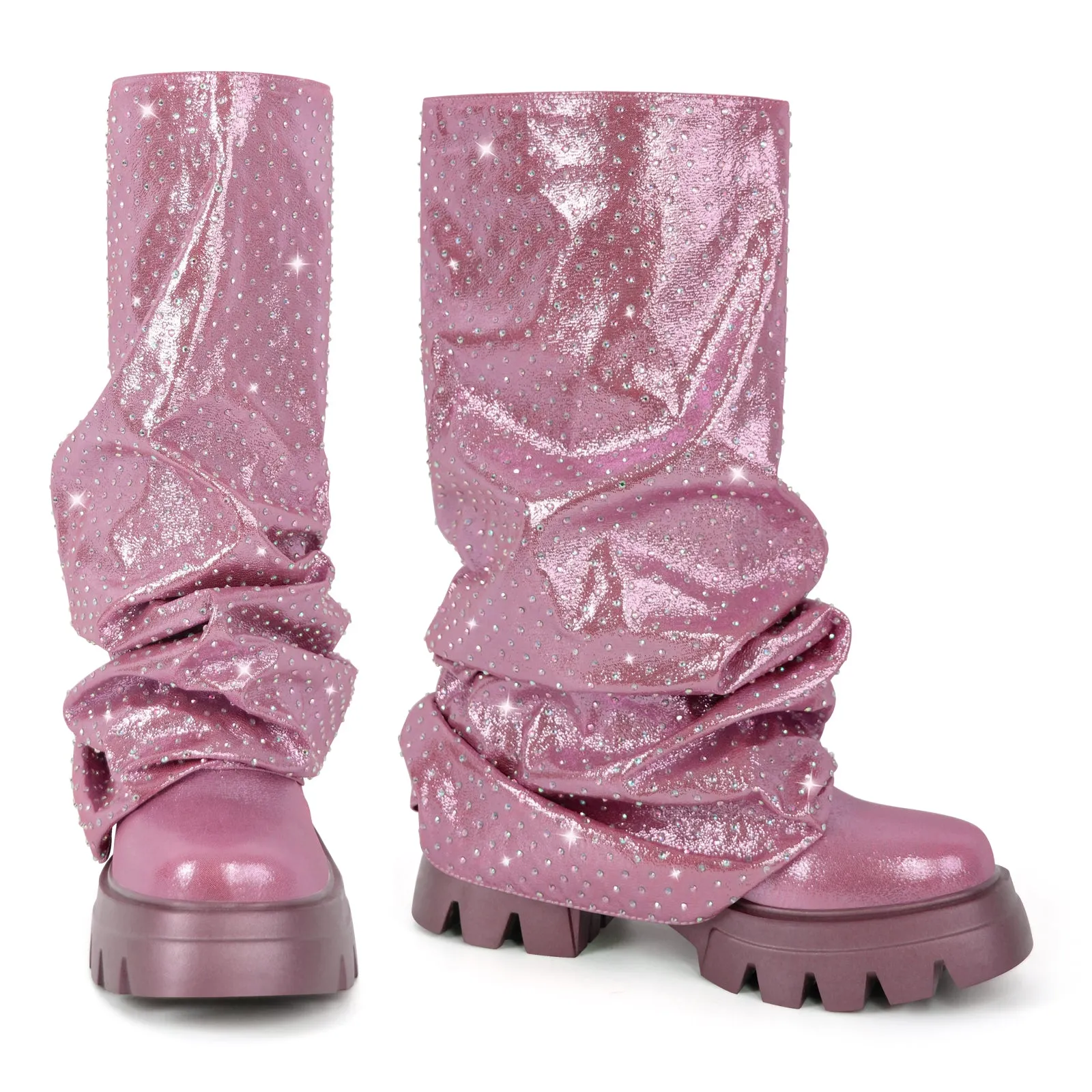 Rhinestone Round Toe Pleated Fold Over Mid-Calf Boots