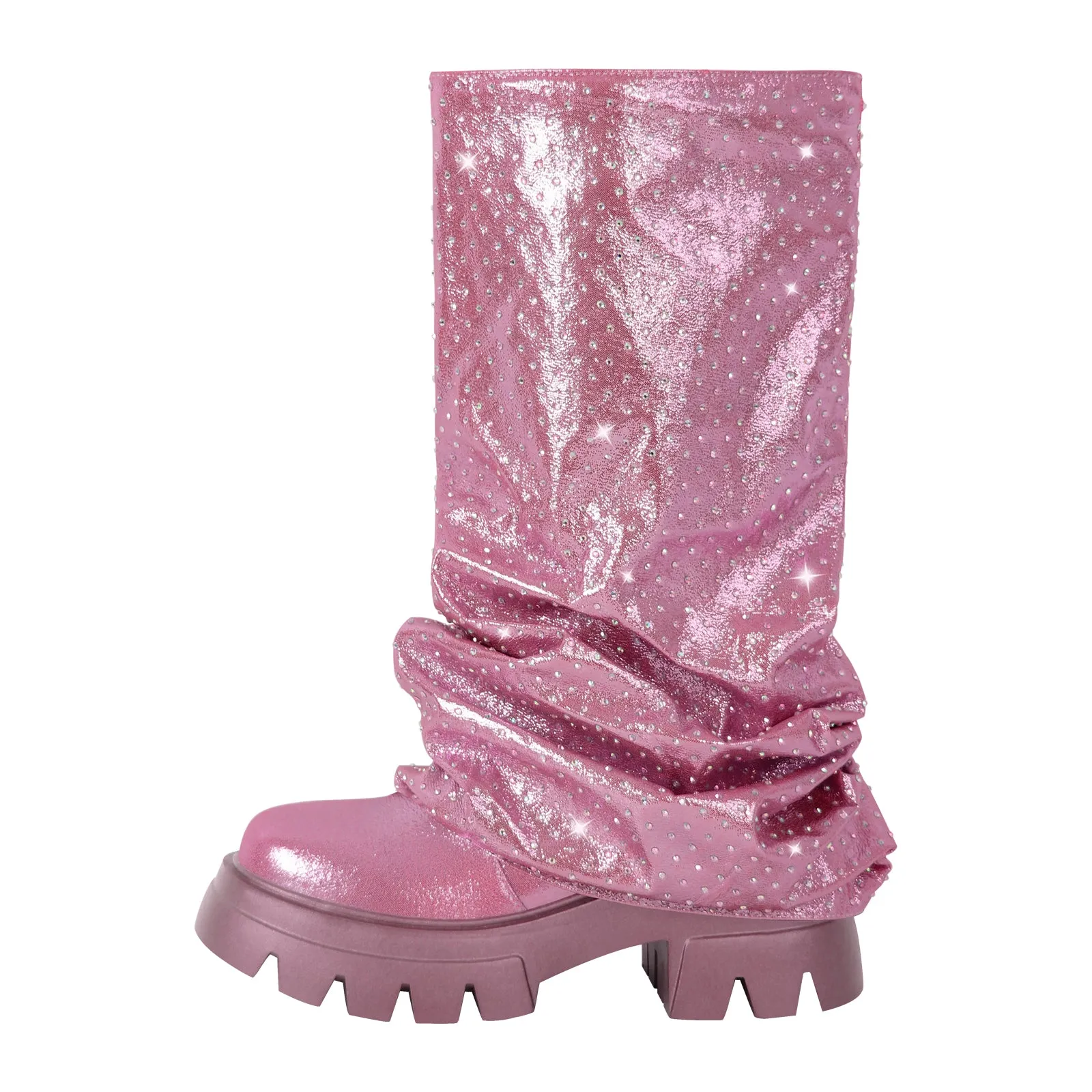 Rhinestone Round Toe Pleated Fold Over Mid-Calf Boots