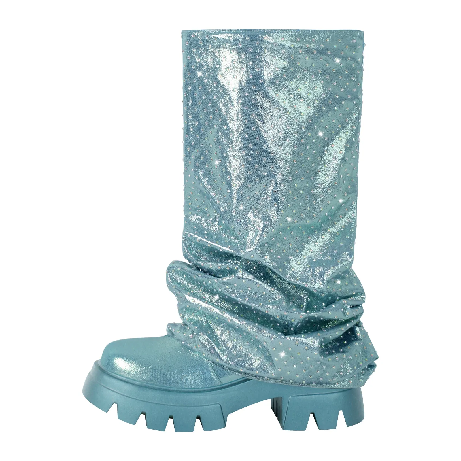 Rhinestone Round Toe Pleated Fold Over Mid-Calf Boots