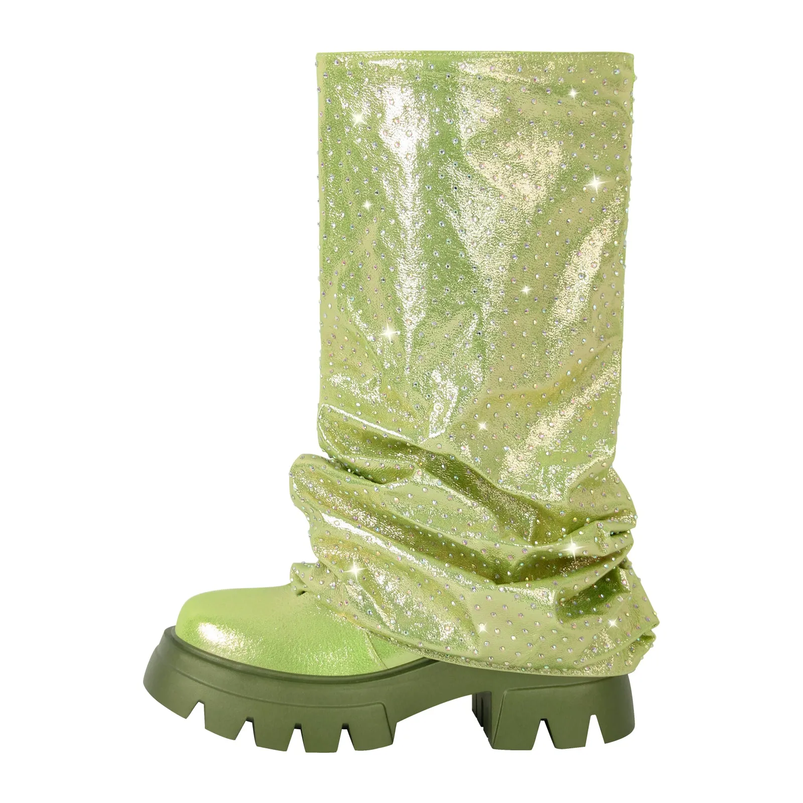 Rhinestone Round Toe Pleated Fold Over Mid-Calf Boots