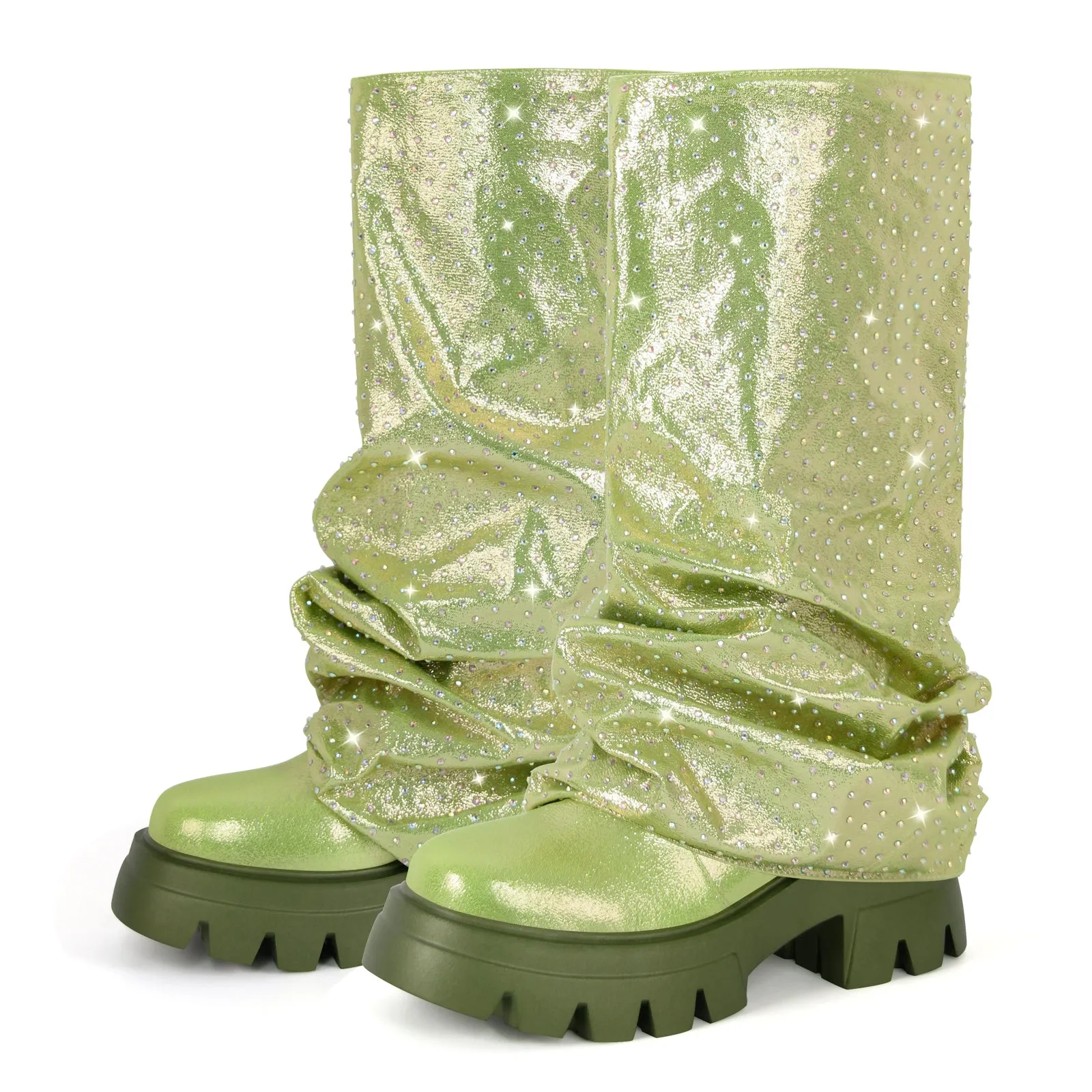 Rhinestone Round Toe Pleated Fold Over Mid-Calf Boots