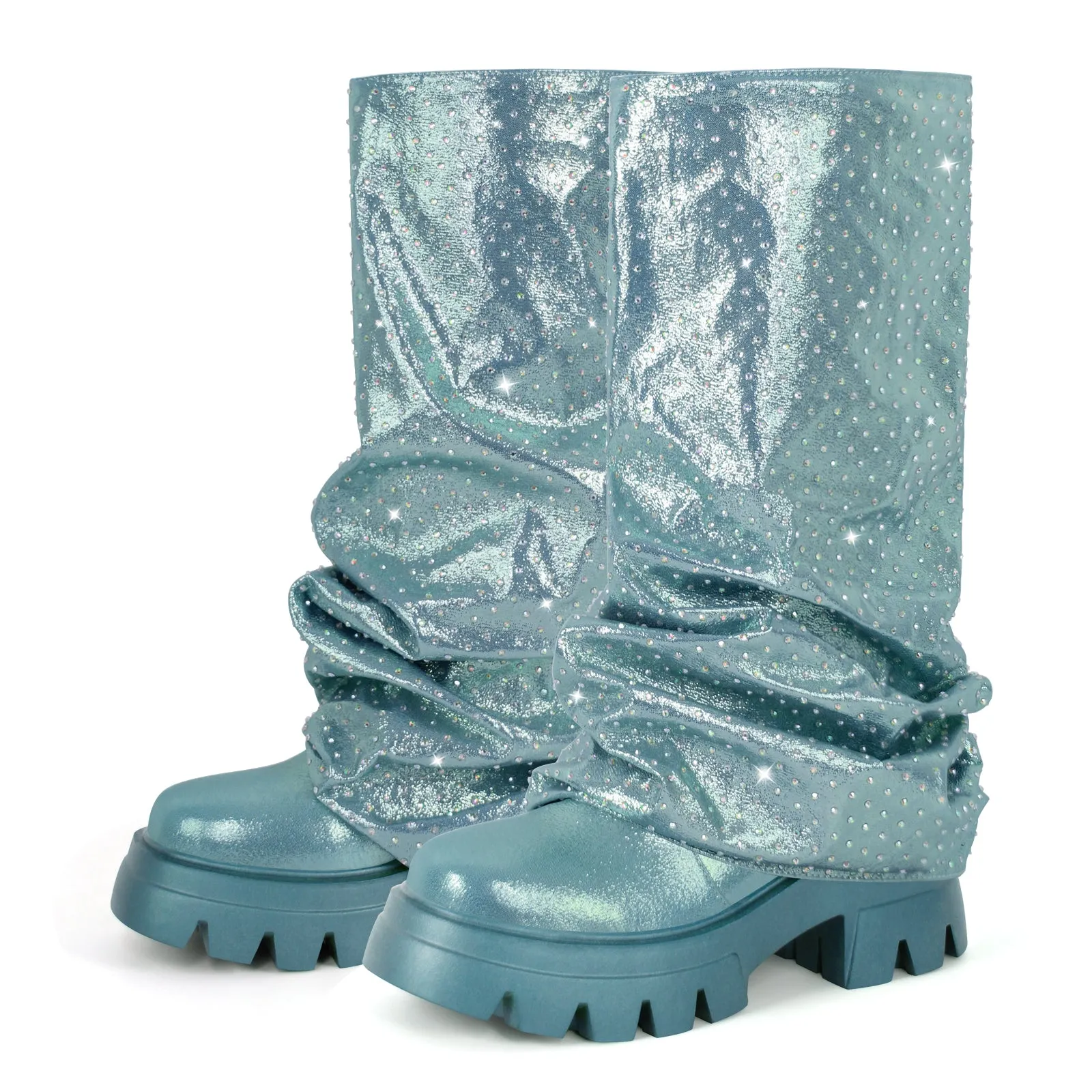 Rhinestone Round Toe Pleated Fold Over Mid-Calf Boots