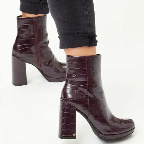 SALE! Rachel Zoe Deep Mahogany Croc-Embossed Maya Platform Boot Burgundy 9.5