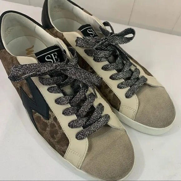 Sam Edelman Areson Leopard print Womens LACE UP Sneakers Casual Shoes Size 8