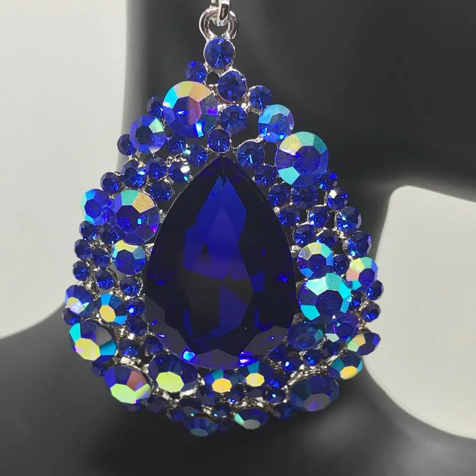 Sapphire Pageant Earrings with AB Stones | Royal Blue Chunky Pageant Earrings | H202-7