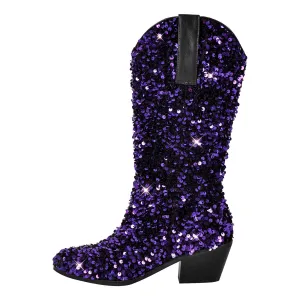Sequins Round Toe Mid-calf Western Boots