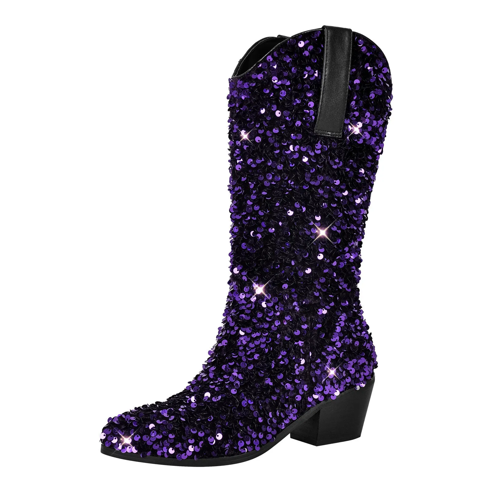 Sequins Round Toe Mid-calf Western Boots