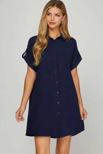 She   Sky Full Size Button Down Short Sleeve Woven Shirt Dress Plus Size