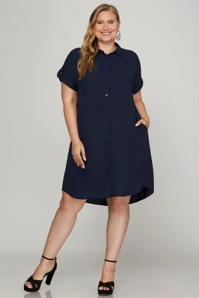 She   Sky Full Size Button Down Short Sleeve Woven Shirt Dress Plus Size