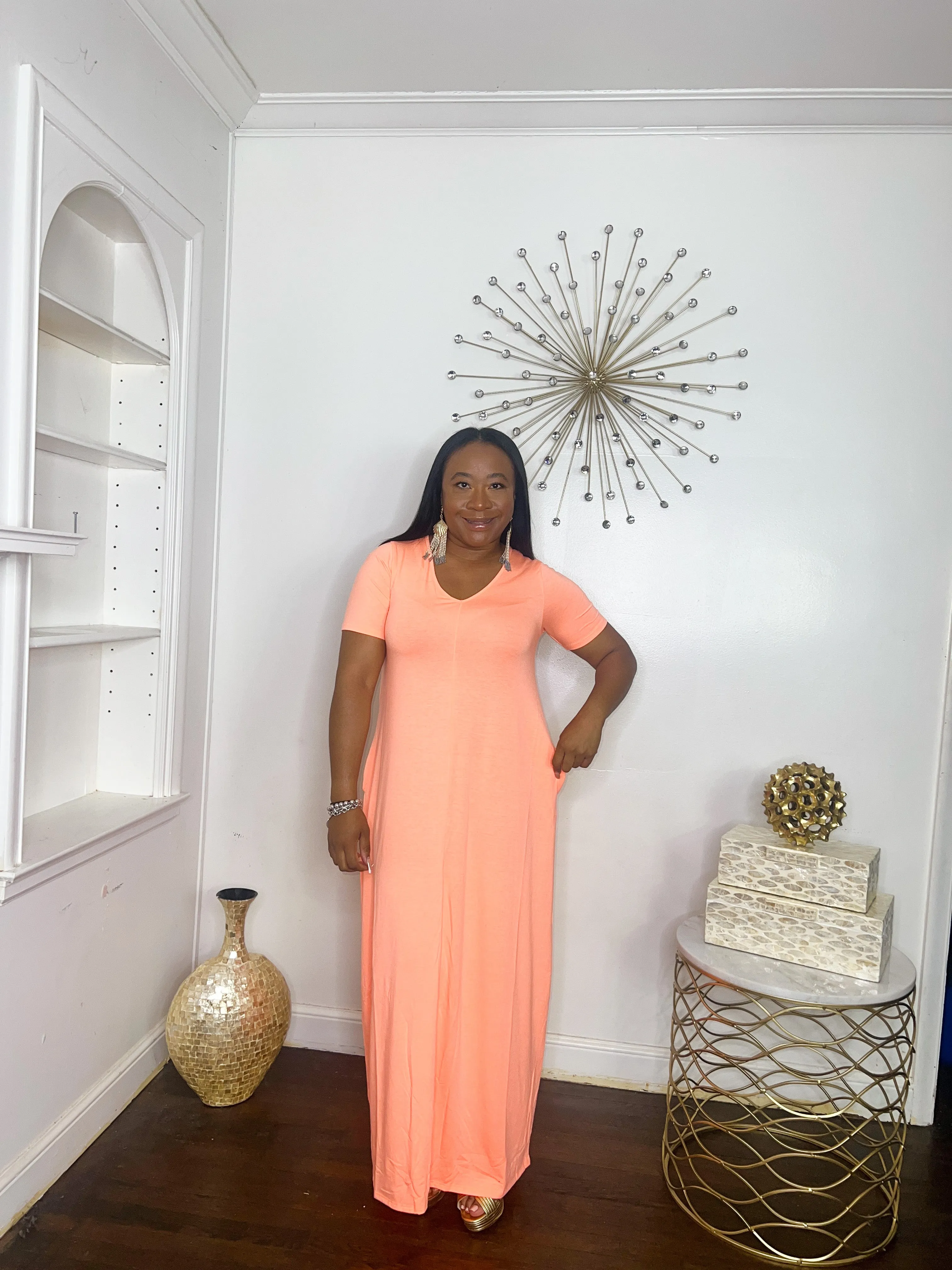 Short Sleeve Maxi Dress- Neon Coral