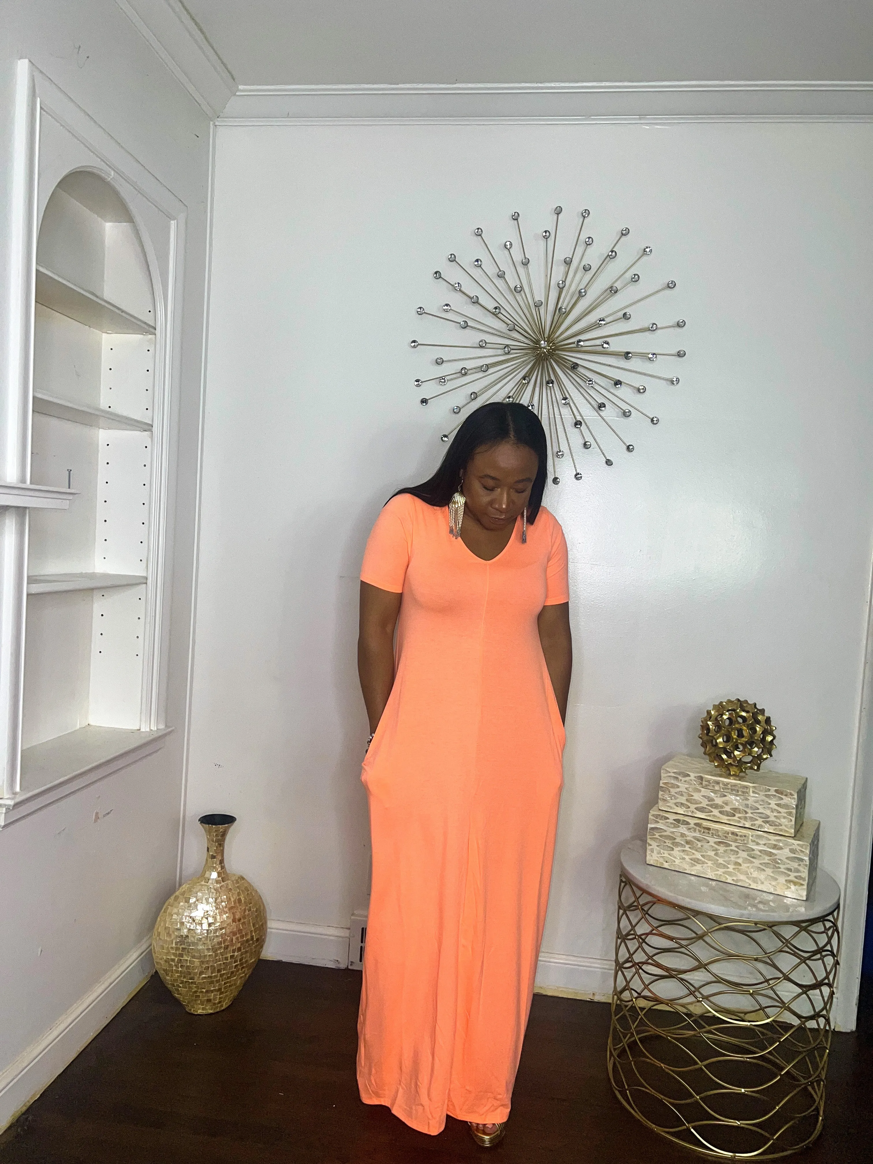 Short Sleeve Maxi Dress- Neon Coral