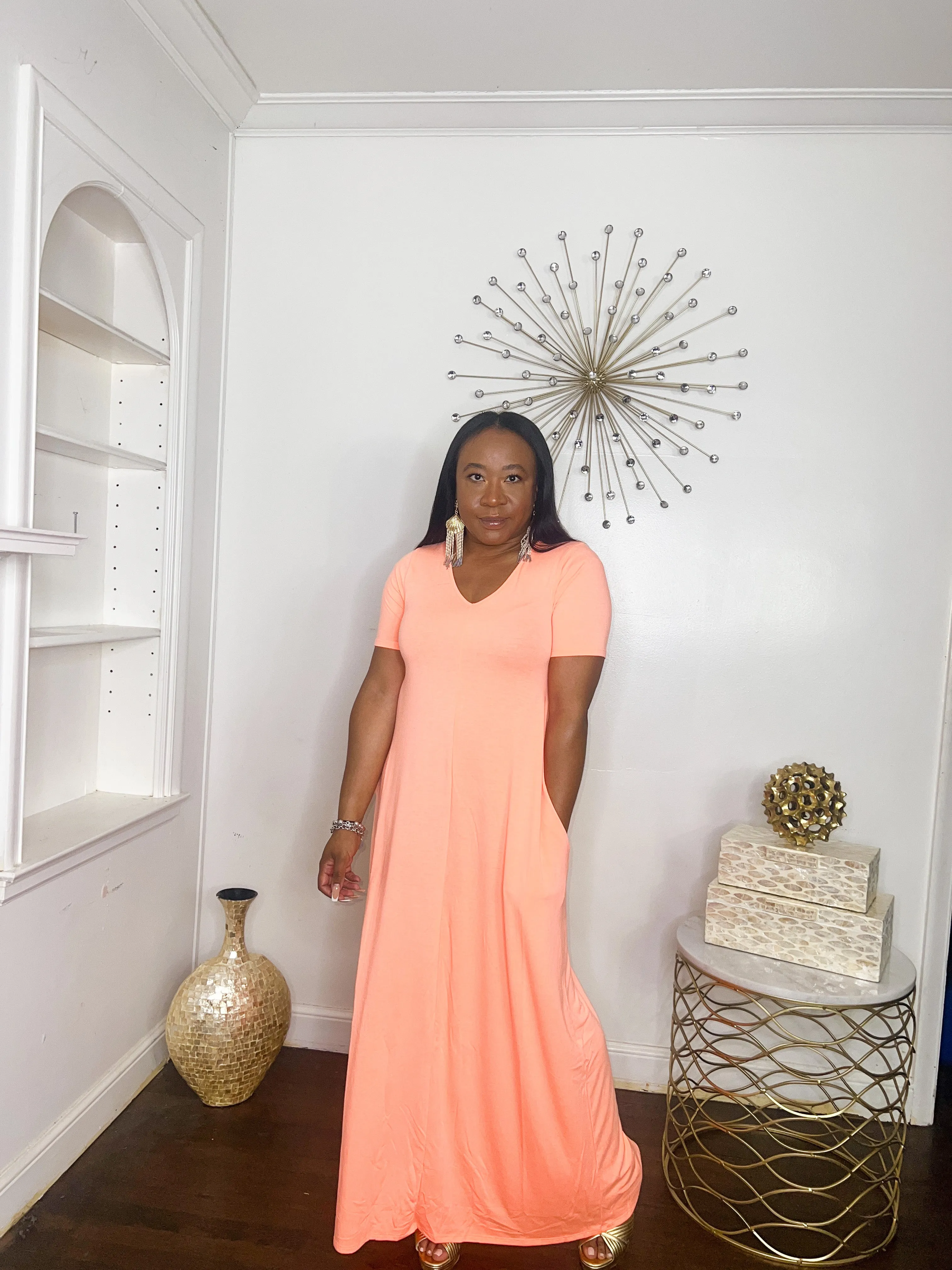 Short Sleeve Maxi Dress- Neon Coral