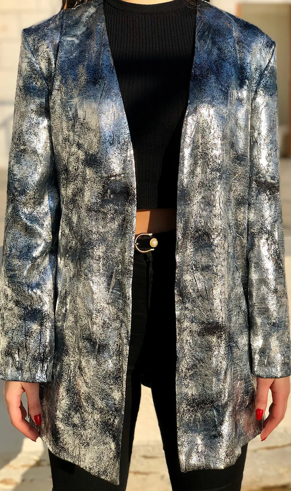 Silver and Blue Metallic Oversized Collarless Blazer